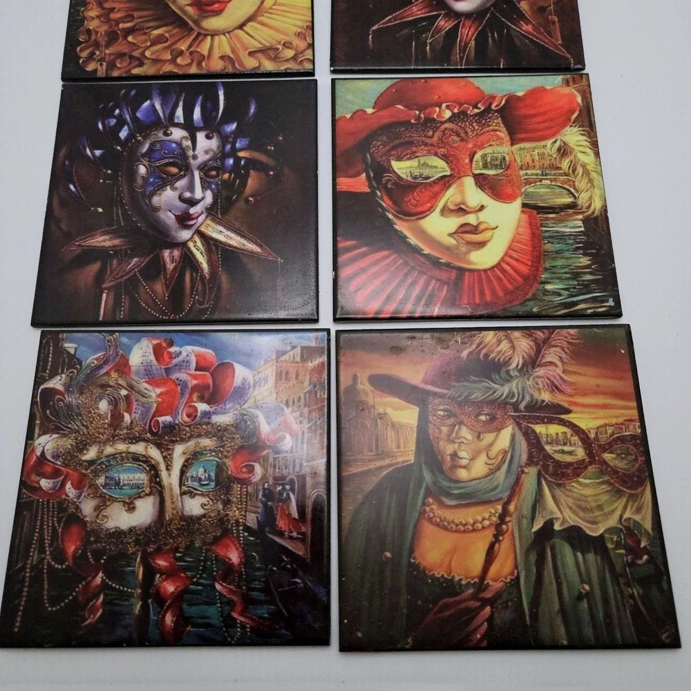 Domosa Venetian Carnival Coaster‎ Set Ceramic Multicolor Mask Jester Venice Art